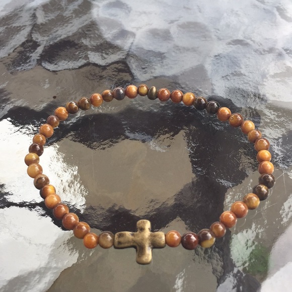 4mm Tigers Eye w cross 7.25l” bracelet small beads - Picture 2 of 3